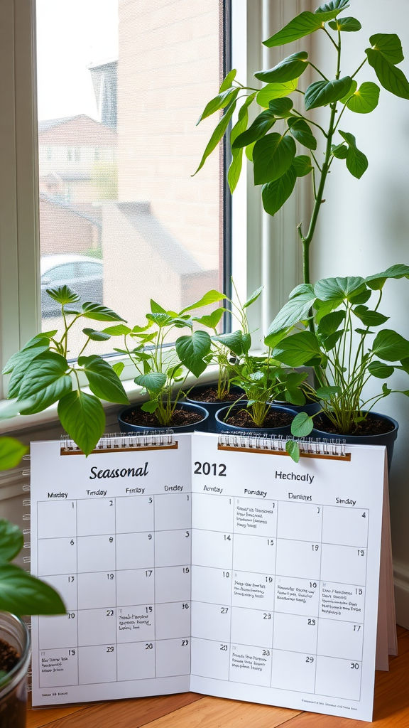 Indoor plants on a windowsill next to a seasonal calendar