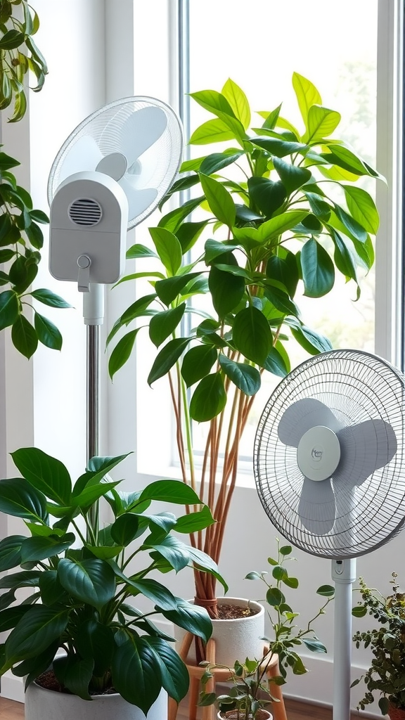 Two fans next to various indoor plants, promoting air circulation in an indoor garden.