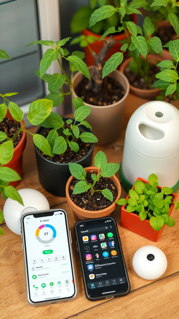 Smartphones next to potted plants, showcasing technology in indoor gardening.