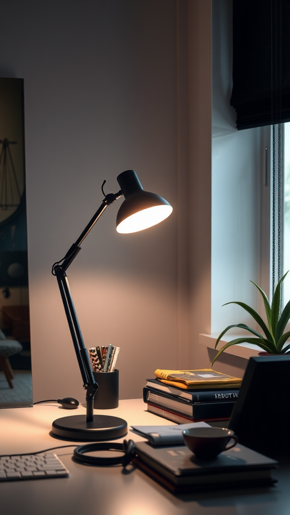 A stylish desk lamp illuminating a cozy desk setup with books and a plant.