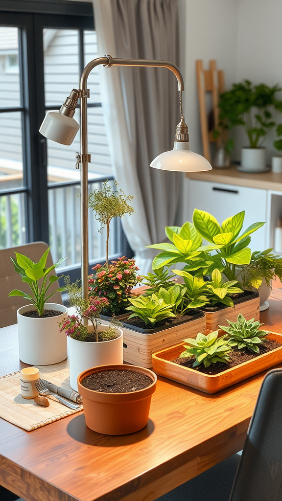 Indoor garden setup with various plants in pots and a lamp for growing.