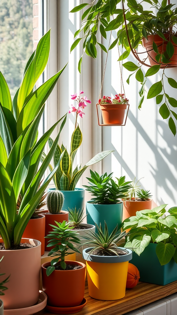 A bright indoor garden with various colorful pots filled with plants, showcasing a mix of herbs and decorative foliage.