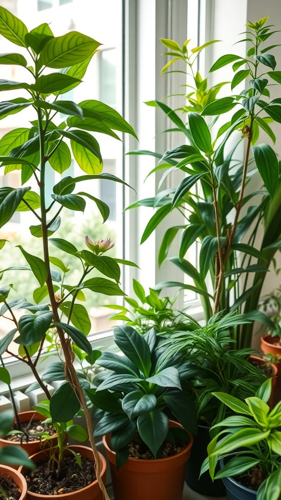 Indoor garden with various potted plants by a window