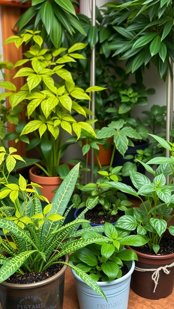 A vibrant collection of indoor plants in various pots, suitable for companion planting in an indoor vegetable garden.