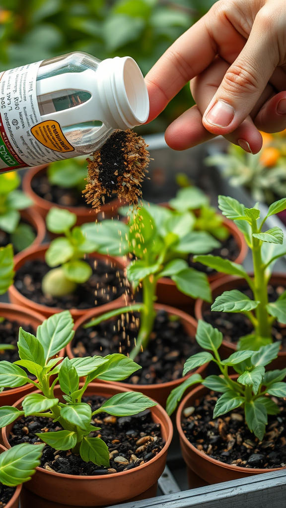 A hand pouring fertilizer over small vegetable plants in pots.