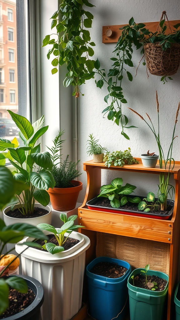 Image of a cozy indoor garden with various plants in pots, including herbs and leafy greens.