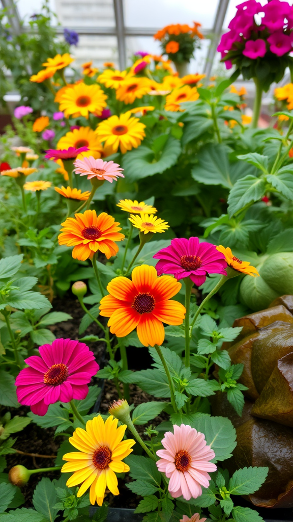 A vibrant display of various colorful indoor flowers, including pink, orange, and yellow blooms, in a greenhouse setting.