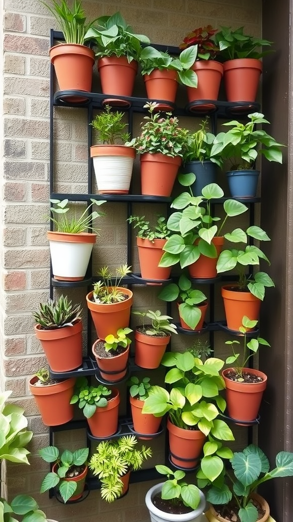 A vertical garden with various potted plants mounted on a wall.