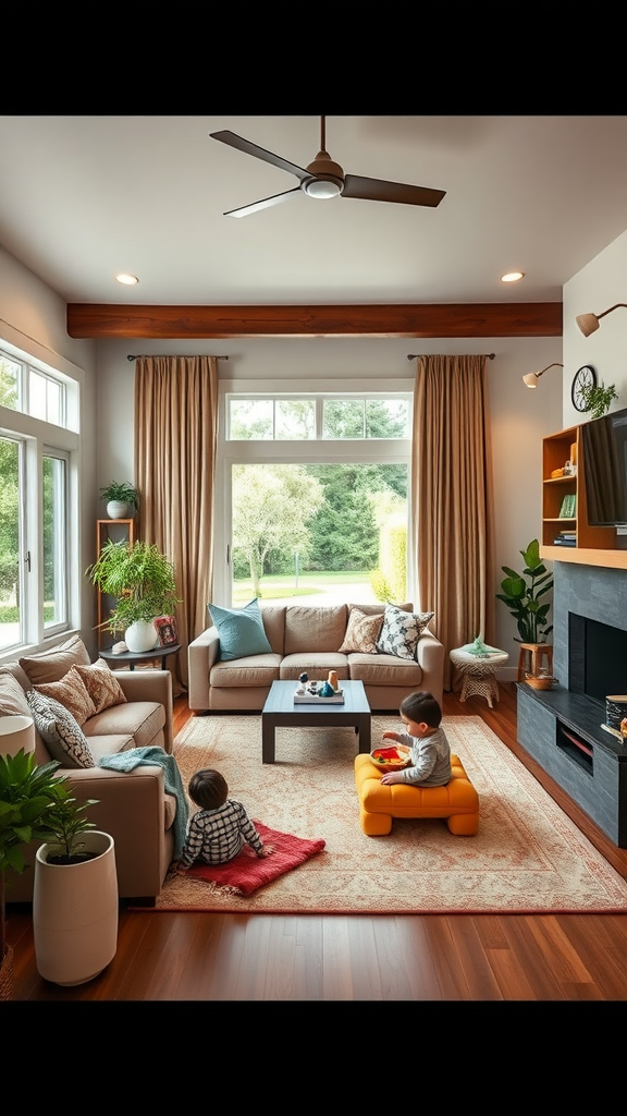 Cozy living room with children playing and a comfortable seating arrangement