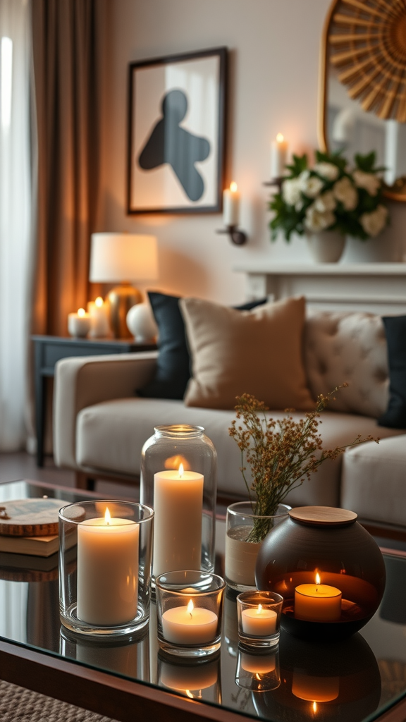 Cozy living room setup with candles and flowers.