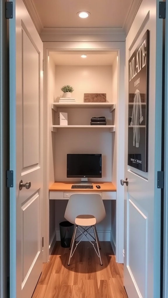 A small closet transformed into a cozy home office with a desk and computer.