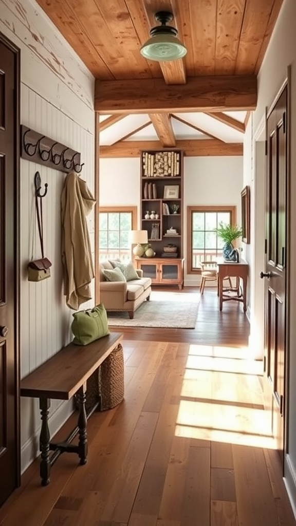 Welcoming entryway with wooden flooring, rustic bench, and bright natural light.