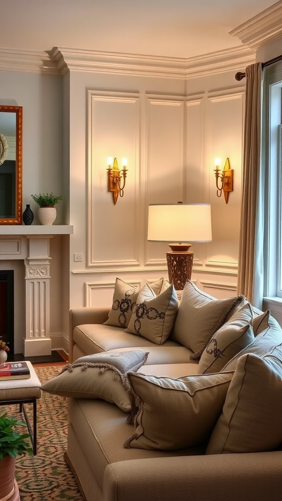 Cozy living room with layered lighting, featuring a comfortable sofa, decorative pillows, and warm lighting.