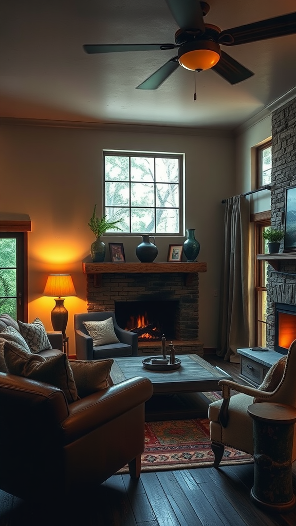 Cozy living room with warm lighting and rustic decor