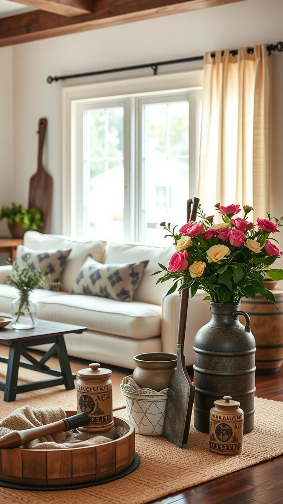 Cozy living room with rustic decor, featuring a white couch, wooden coffee table, and flower arrangements.