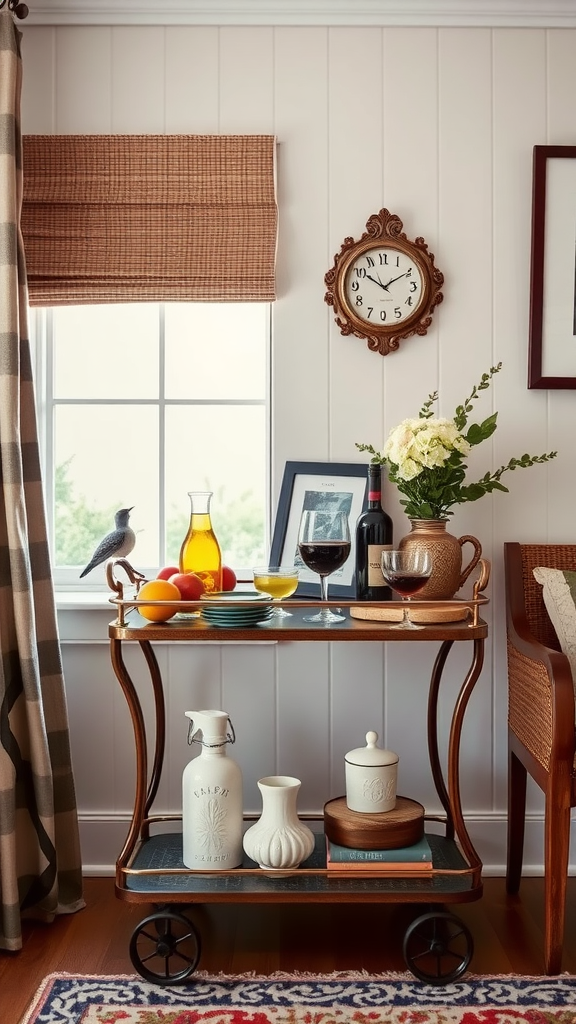 A stylish farmhouse-inspired bar cart with drinks, fruits, and decor in a cozy living room.