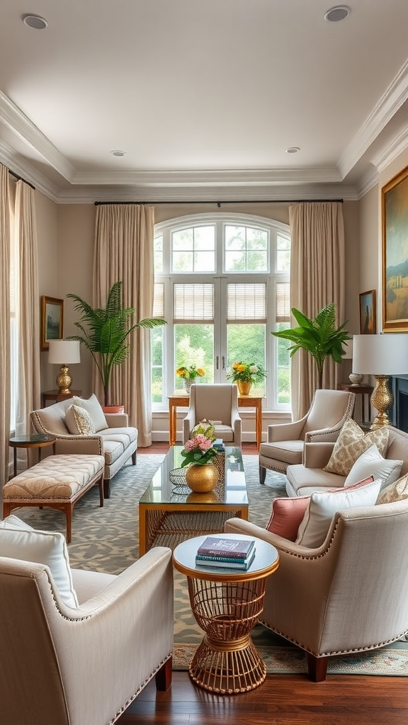 A comfortable living room setup with soft chairs, a coffee table, and natural light.