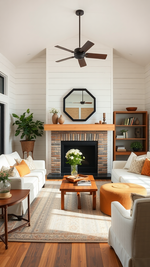 A cozy rustic living room with a fireplace, comfortable seating, and natural elements.