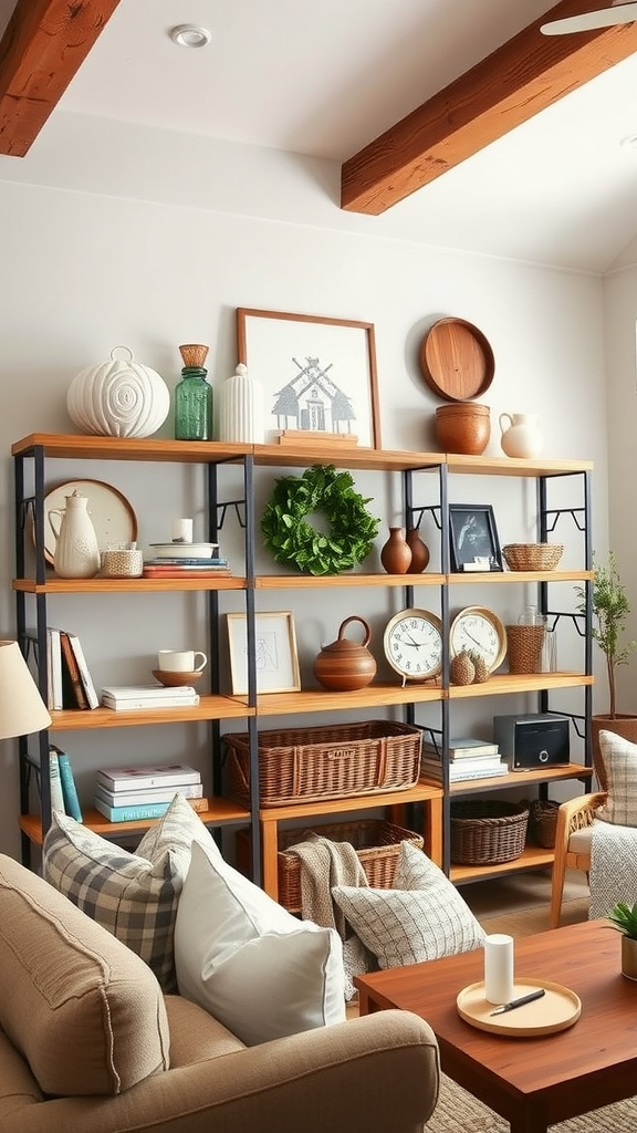 Open shelving displaying rustic decor items in a cozy living room.