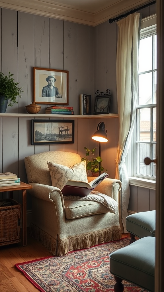 A cozy reading nook featuring a comfortable armchair, warm lighting, and rustic decor.