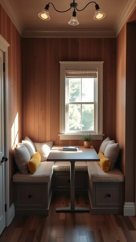 Cozy nook with a built-in bench and desk, featuring warm wood paneling and soft cushions.