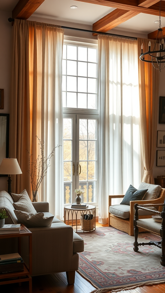 Cozy living room with warm natural light and soft curtains