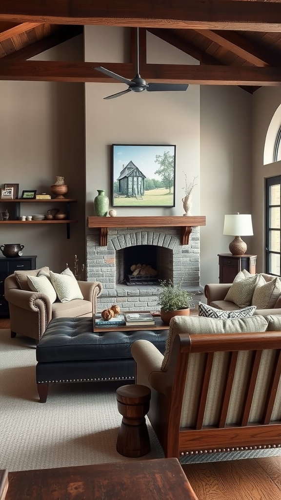 A beautifully designed rustic living room featuring wooden beams, a stone fireplace, and cozy seating.