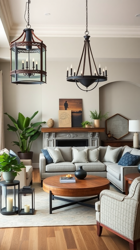 A stylish living room featuring rustic lighting fixtures with a chandelier and lantern.