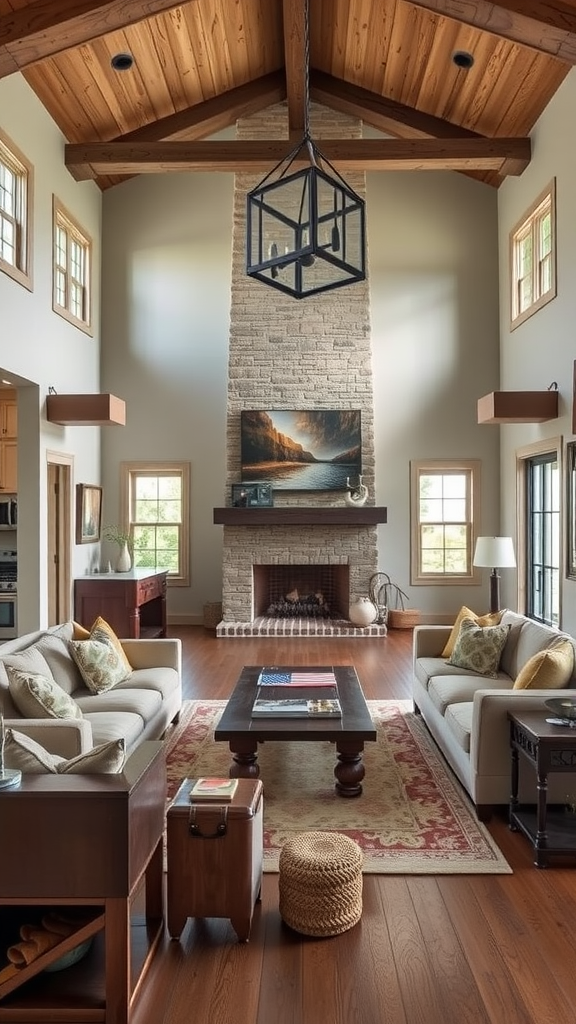 A cozy and rustic living room with comfortable seating, a wooden coffee table, and a large stone fireplace.