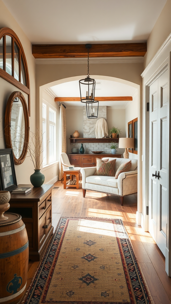 A bright and inviting entryway with a rustic style featuring wooden beams, mirrors, and a cozy seating area.