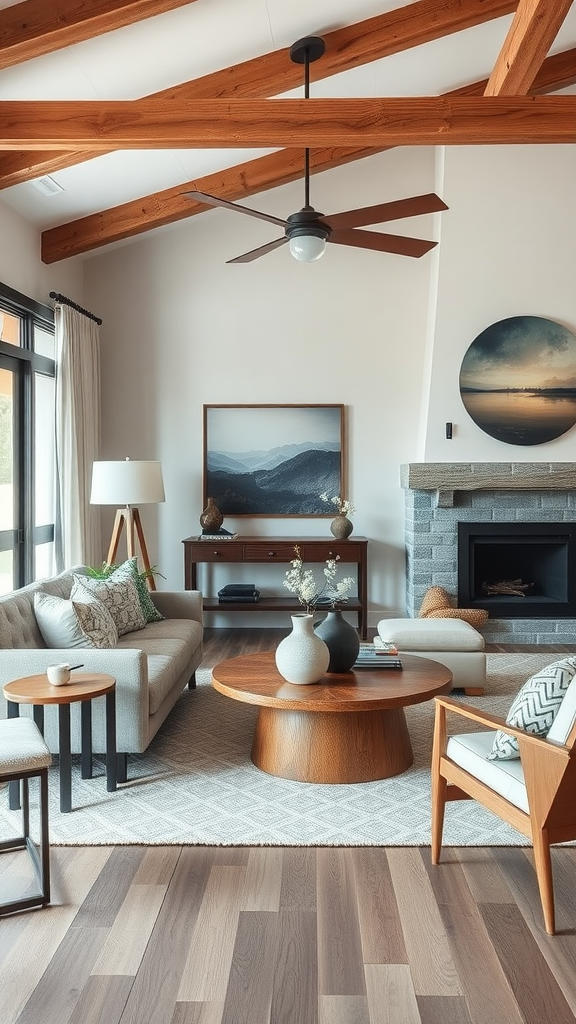 A stylish living room featuring modern furniture and rustic elements with wooden beams and a cozy atmosphere.