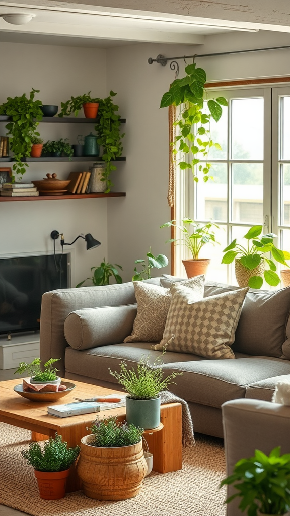 Cozy living room with indoor plants and rustic decor