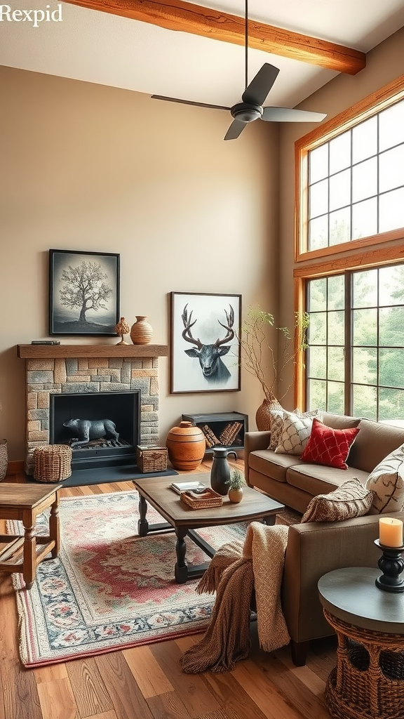 Cozy living room with warm colors, rustic decor, and a welcoming atmosphere.