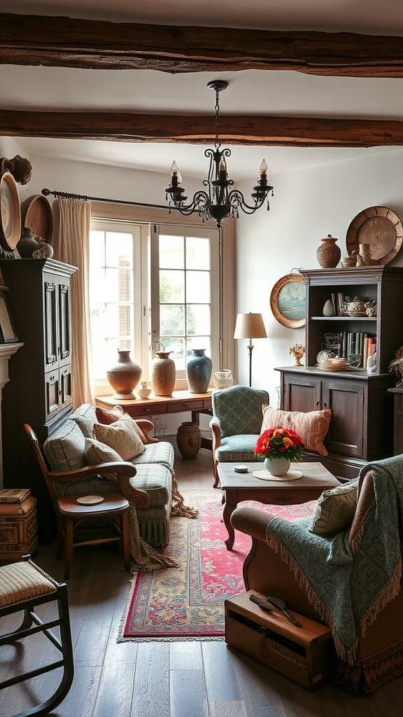 A cozy living room featuring antique furniture, a vintage rug, and rustic decor.