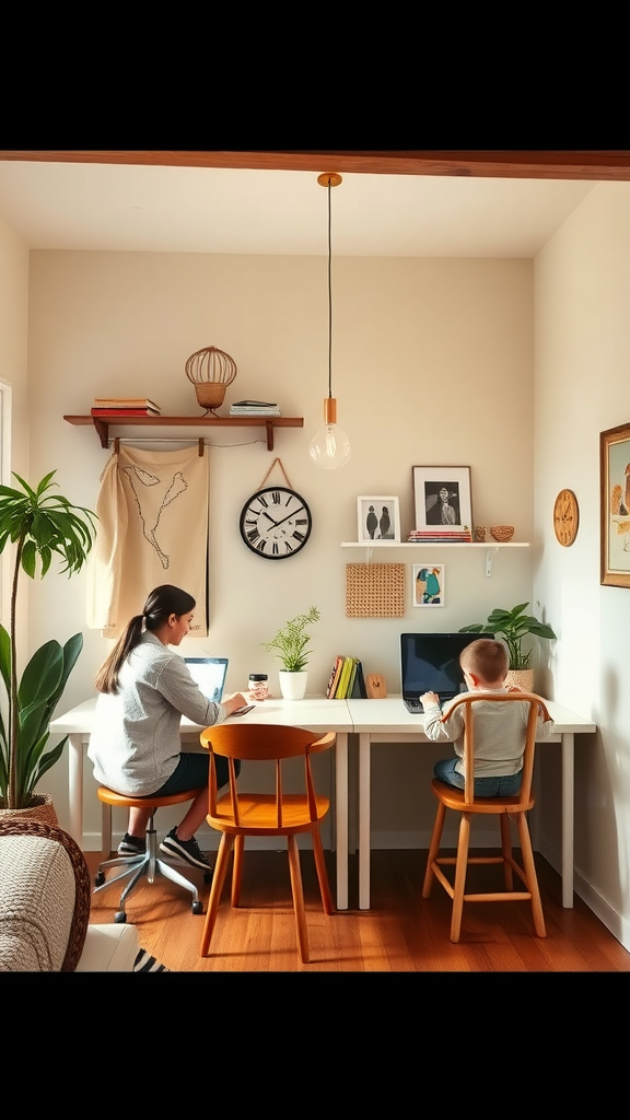 A cozy home office shared by an adult and a child, with colorful decor and plants.