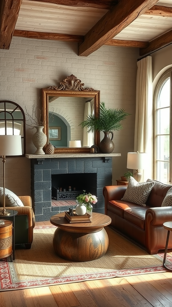 A cozy country living room featuring a large mirror above the fireplace, with rustic decor elements and warm lighting.