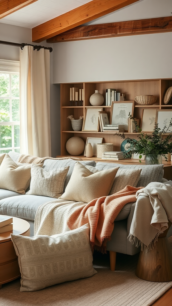 Cozy living room with layered textures including pillows and throws.