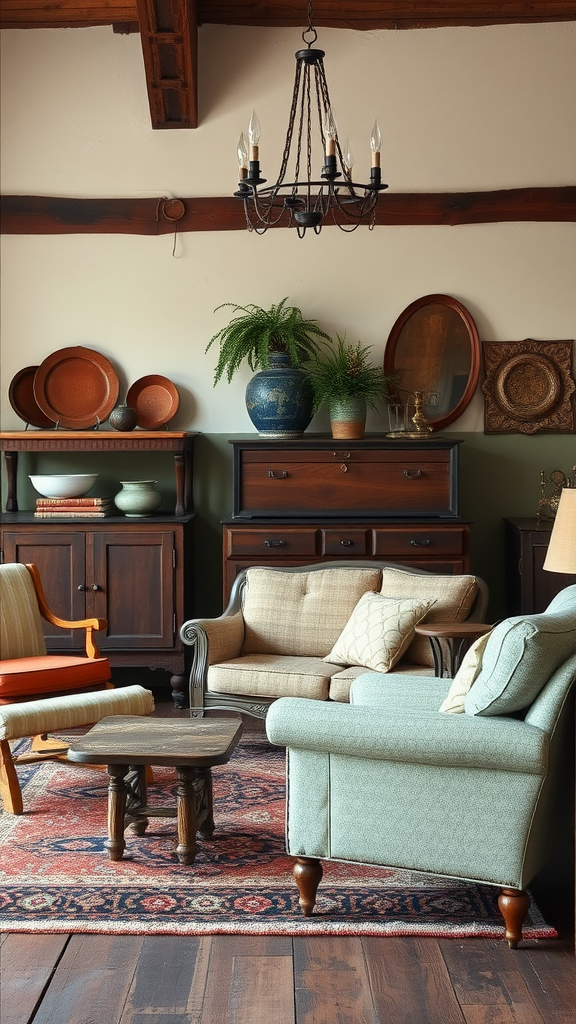 A cozy living room featuring vintage furniture, including a green sofa, wooden cabinets, and decorative plants.