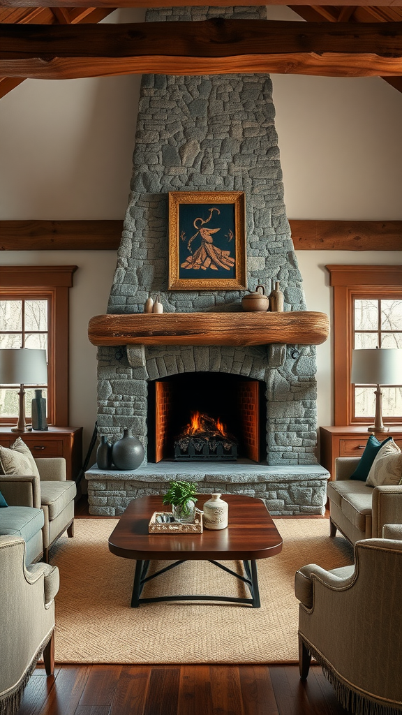 Cozy living room featuring a statement fireplace with stone and wood accents.