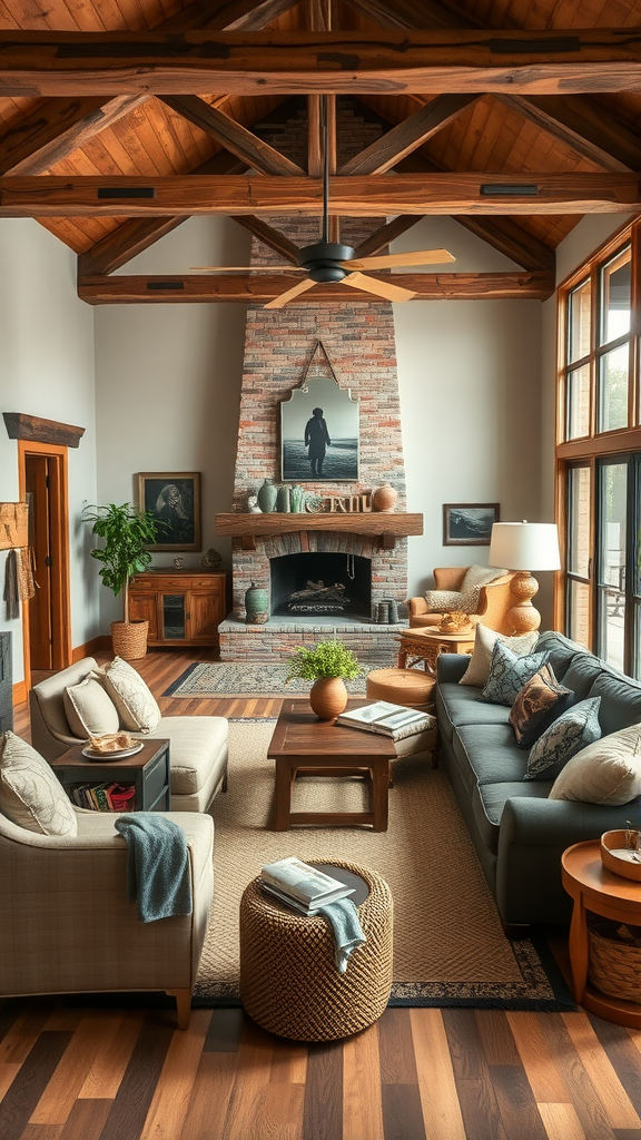 Cozy rustic living room with wooden beams and a fireplace