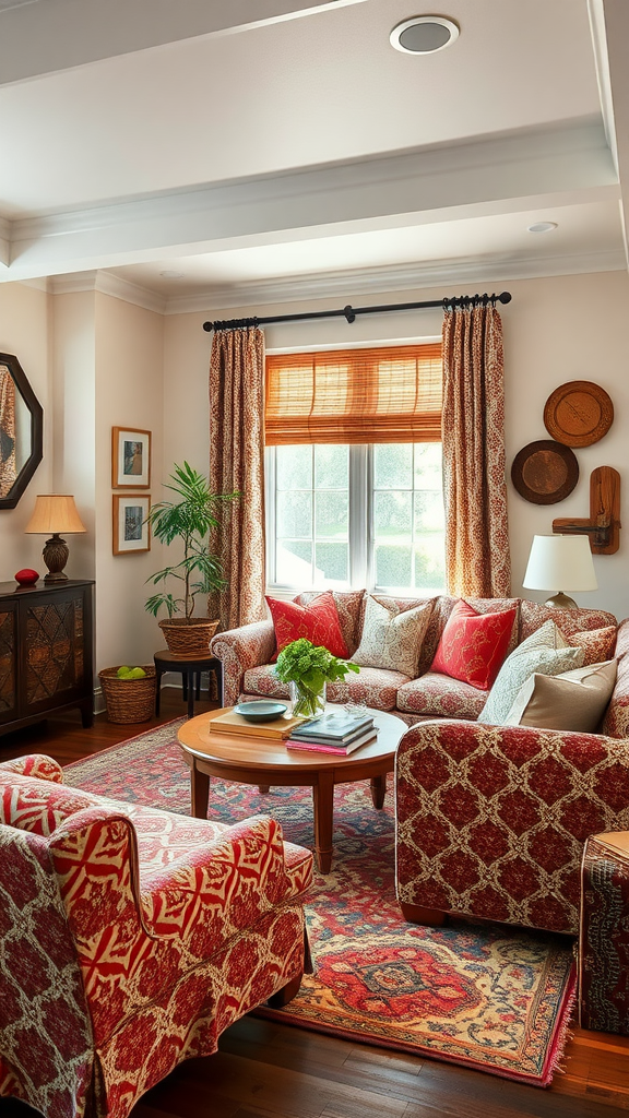 Cozy living room with large windows overlooking a green outdoor space.