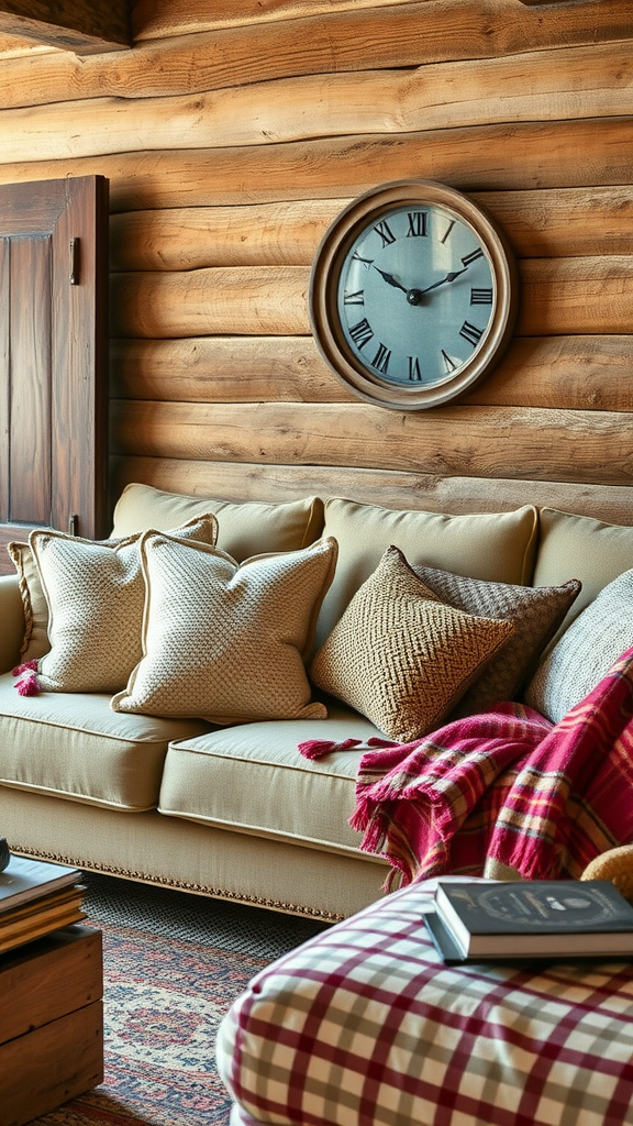 Cozy living room featuring a quilted wall hanging, patterned sofa, and rustic decor