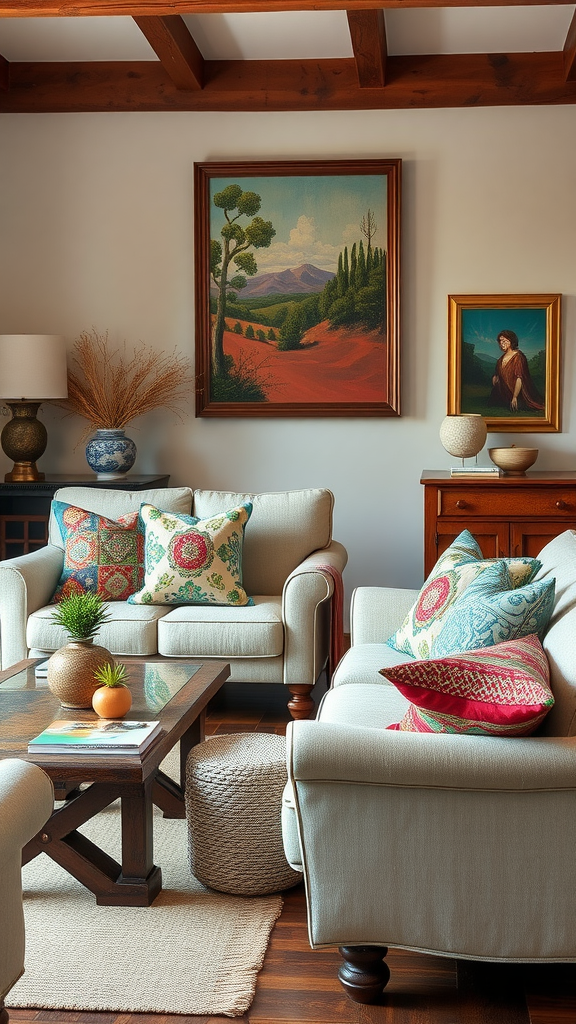 A cozy living room with colorful pillows, a coffee table, and rustic decor.