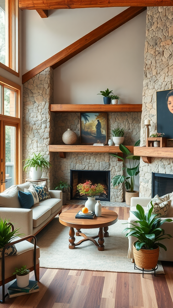 A cozy living room with natural elements like wood beams, stone walls, and various indoor plants.