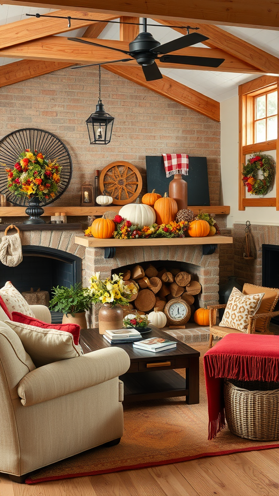 Cozy and inviting rustic living room decorated for autumn with pumpkins, flowers, and warm colors.