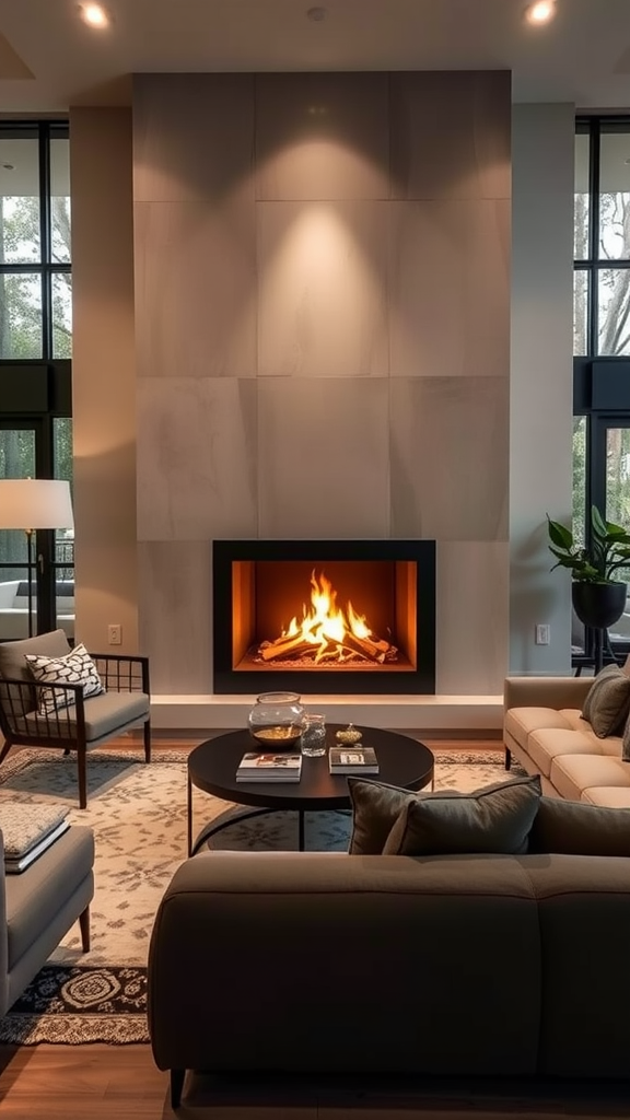 A modern living room with a sleek fireplace, comfortable seating, and stylish decor.