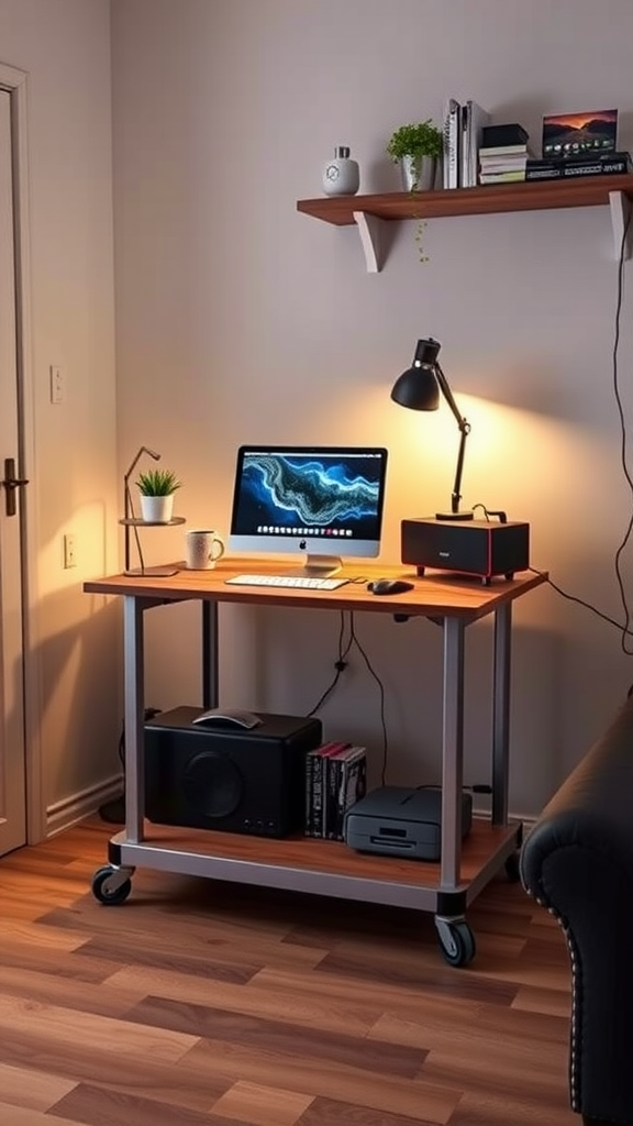 A portable desk on wheels with a computer, lamp, and plants, set in a cozy room.