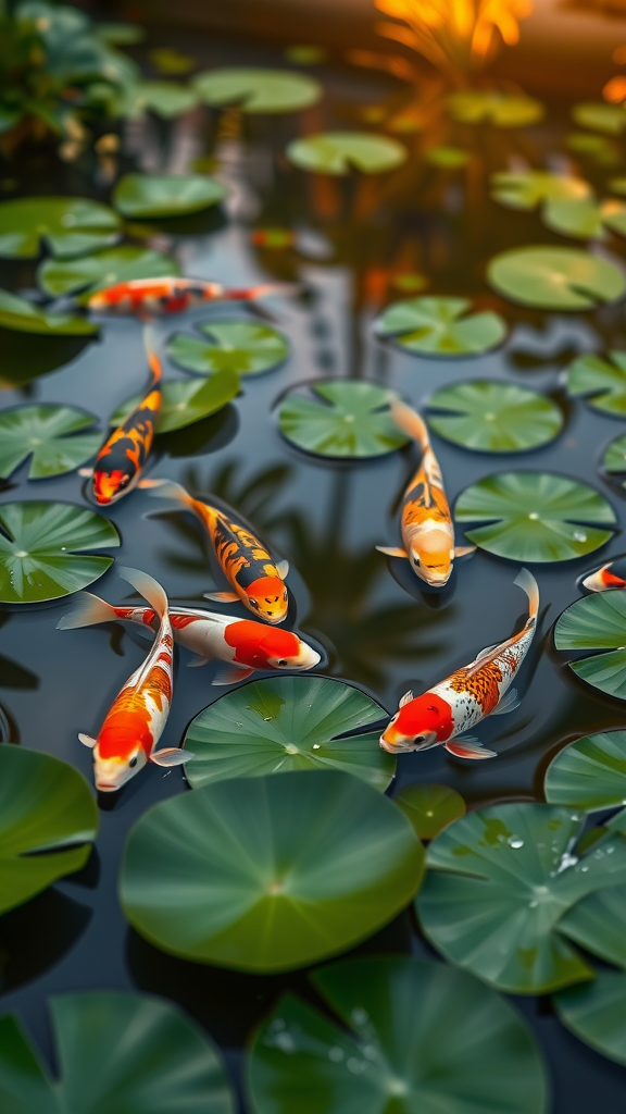 Colorful koi fish swimming among lily pads in a tranquil pond.