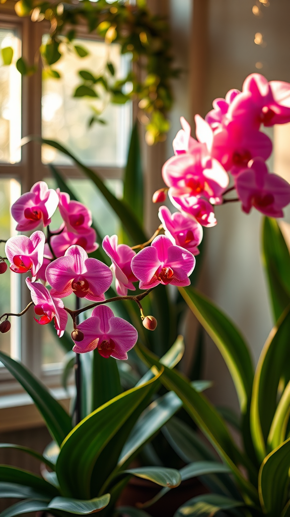 Close-up of vibrant pink orchids with green leaves