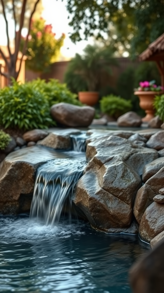 A serene waterfall cascading into a rock pool surrounded by lush greenery.